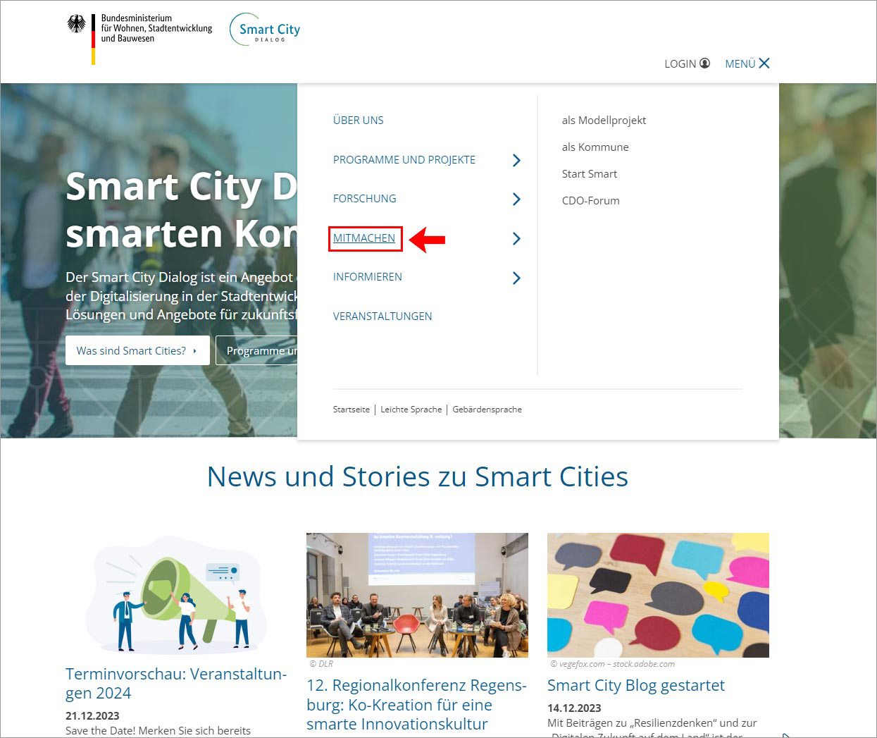 Screenshot der Smart Cities-Website