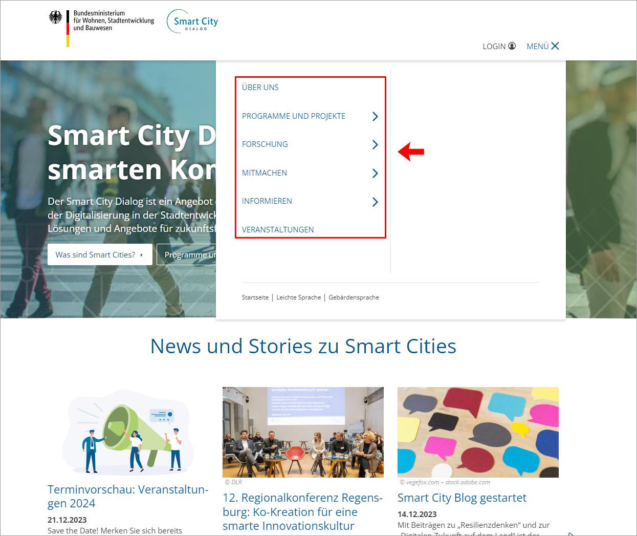 Screenshot der Smart Cities-Website